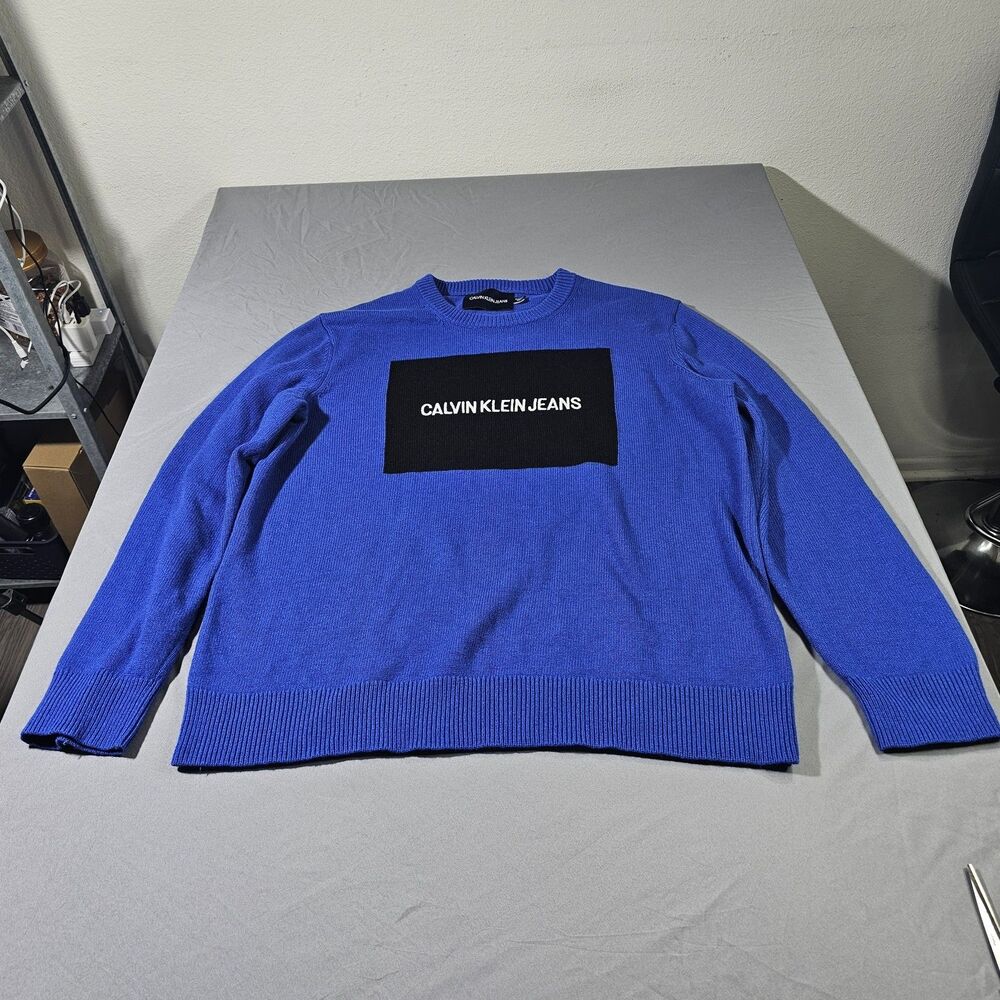 Calvin Klein Jeans Men XXL Blue Colorblock Logo Box Crewneck Pullover Sweater